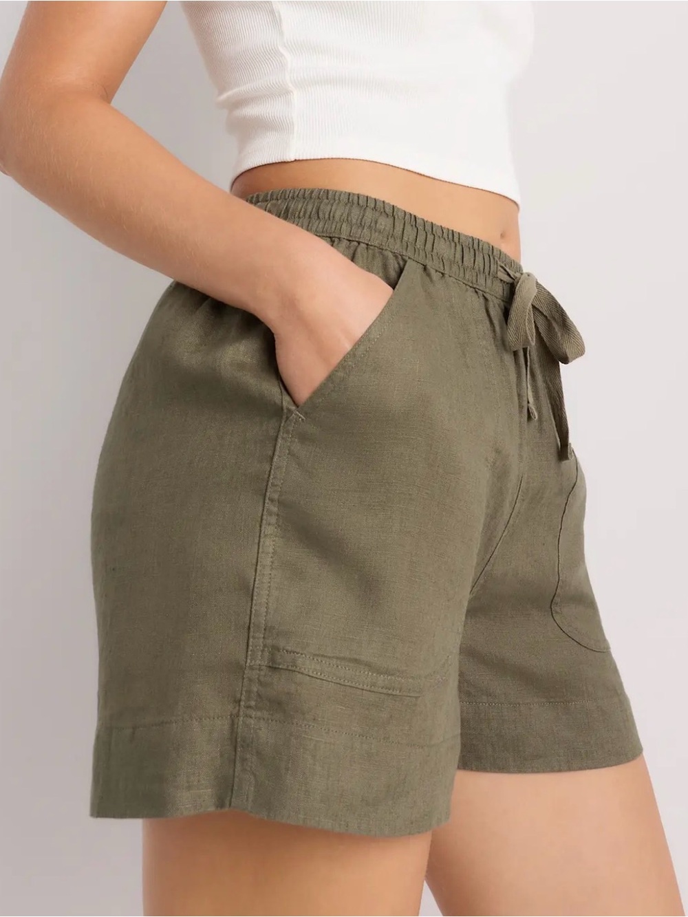 Quince Olive Drawstring 100% Linen Shorts
